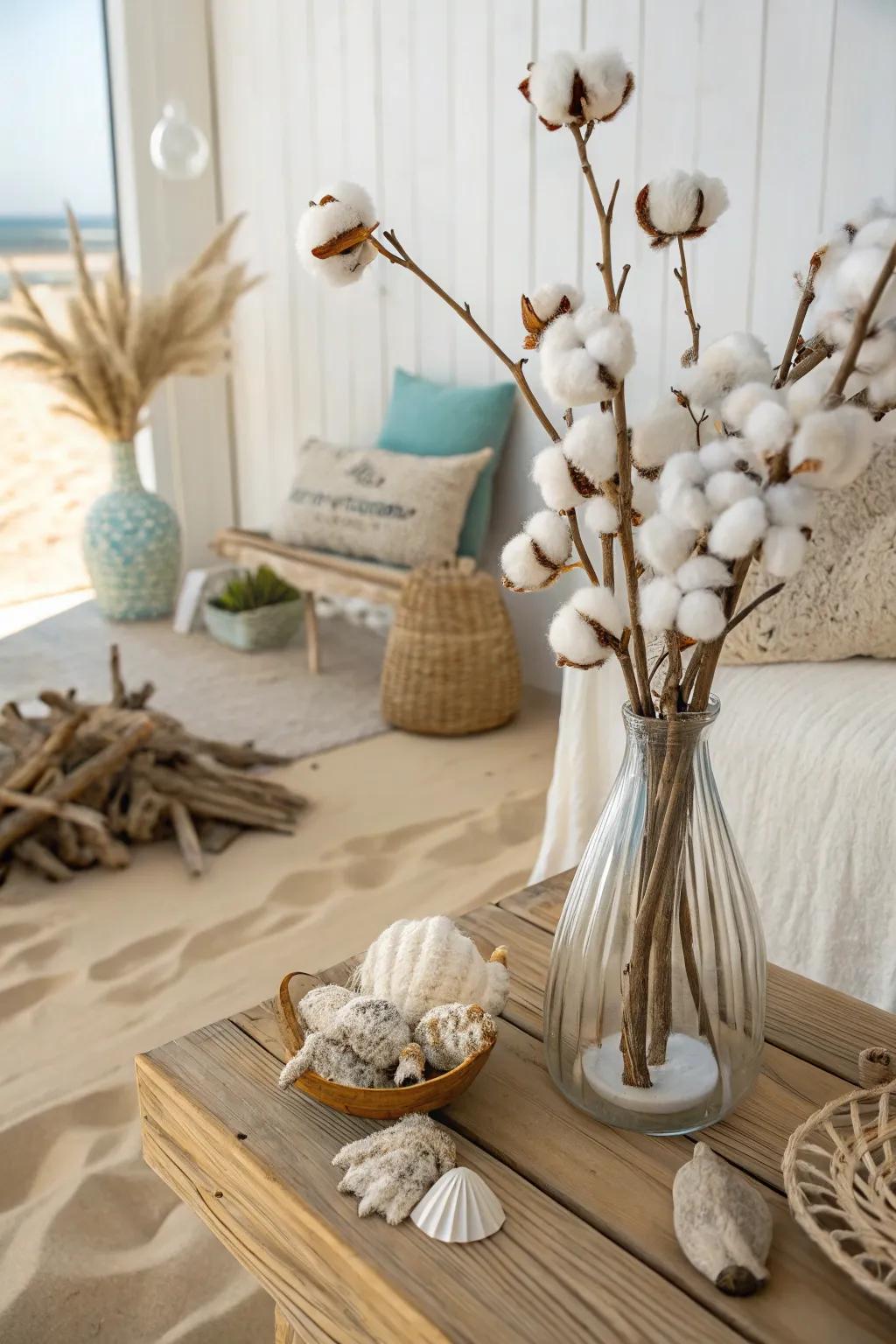 Ocean side vibes with cotton sprigs and waterfront components.