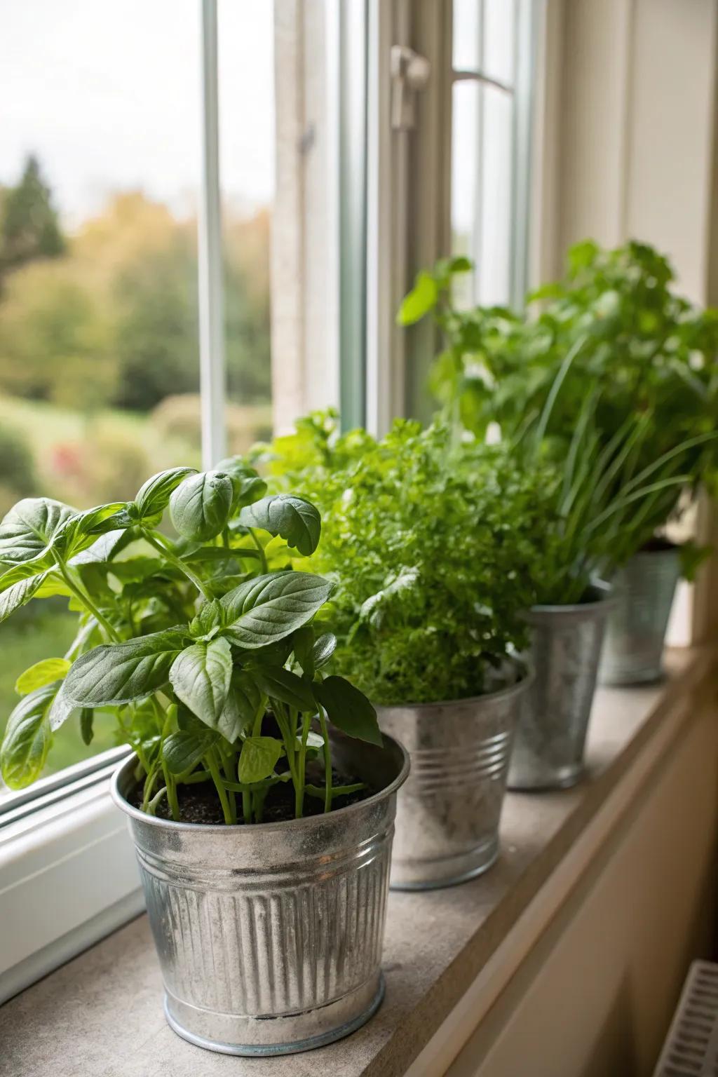 Tin receptacles repurposed as planters contribute countryside appeal.