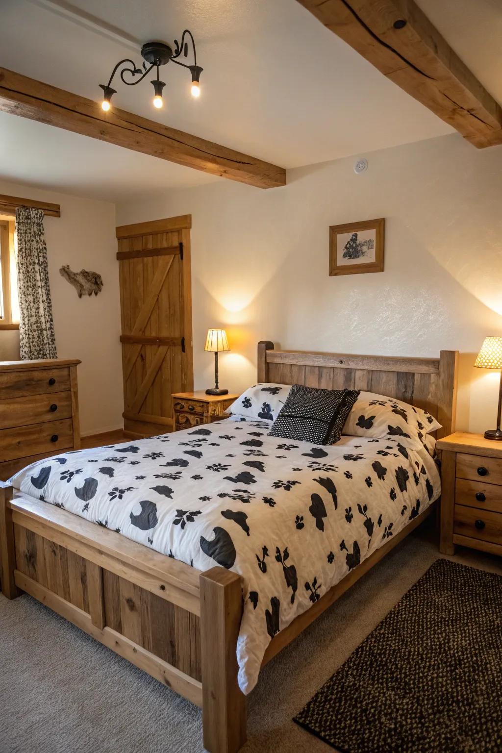 A bovine pattern quilt contributes warmth and style to any bedroom arrangement.