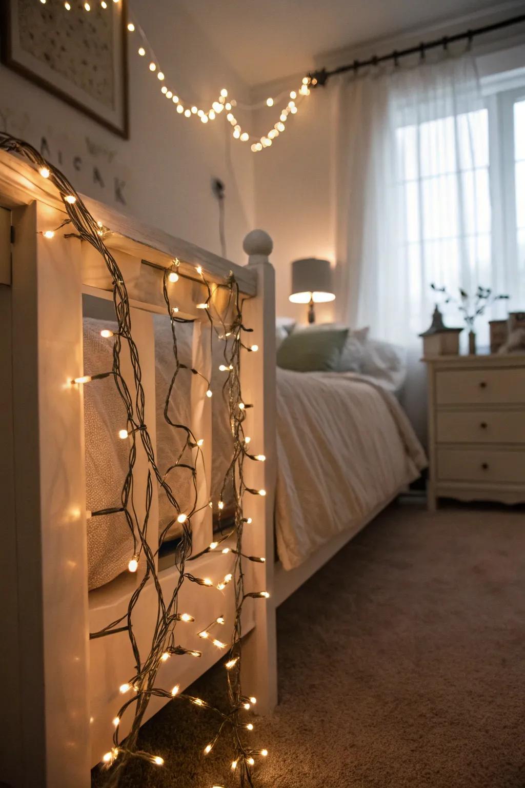 Sparkle lights coiled around the base of a bed frame.