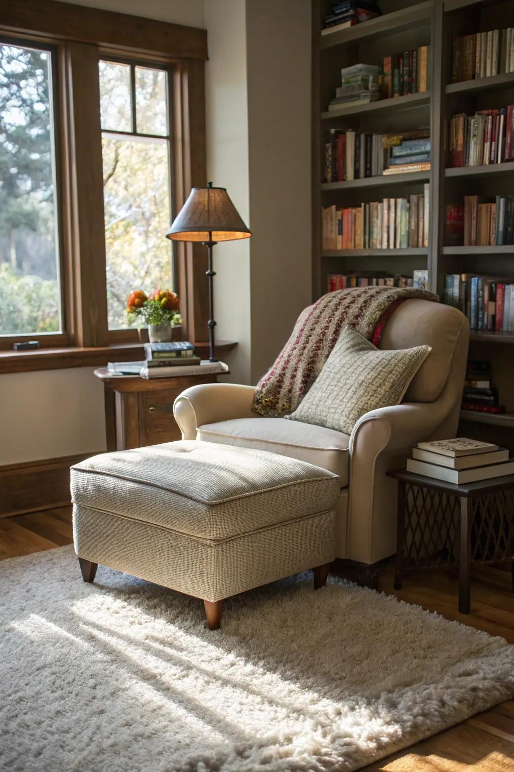 A plush rug adds warmth and defines this inviting reading area.