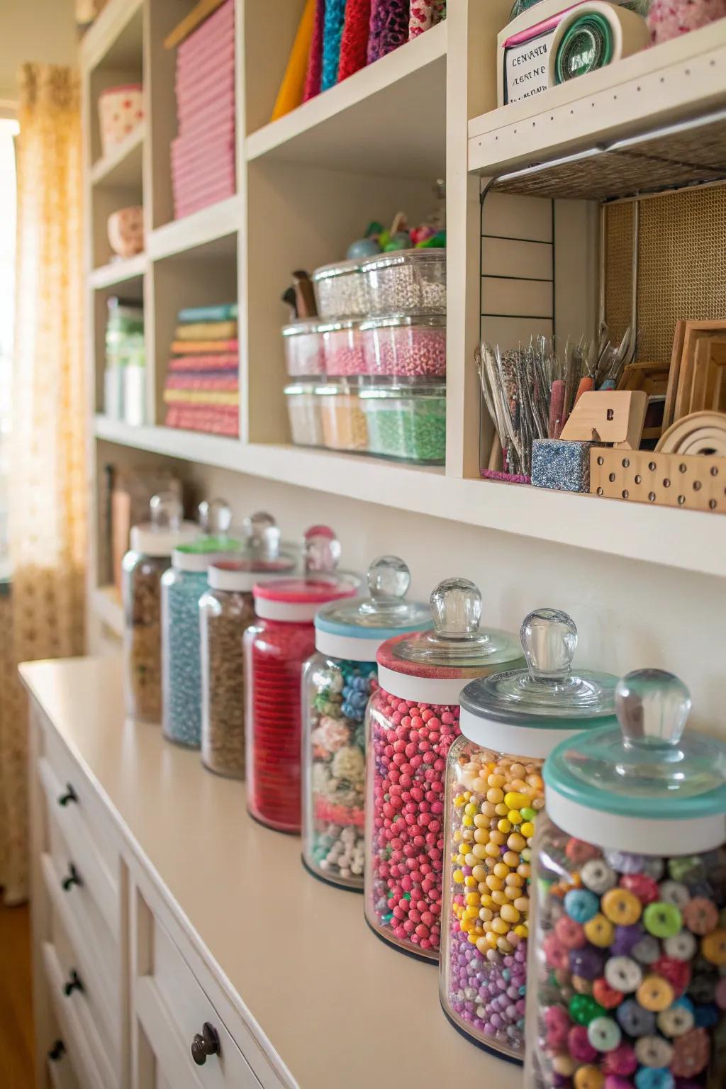 Jars keep small items arranged and easily accessible.