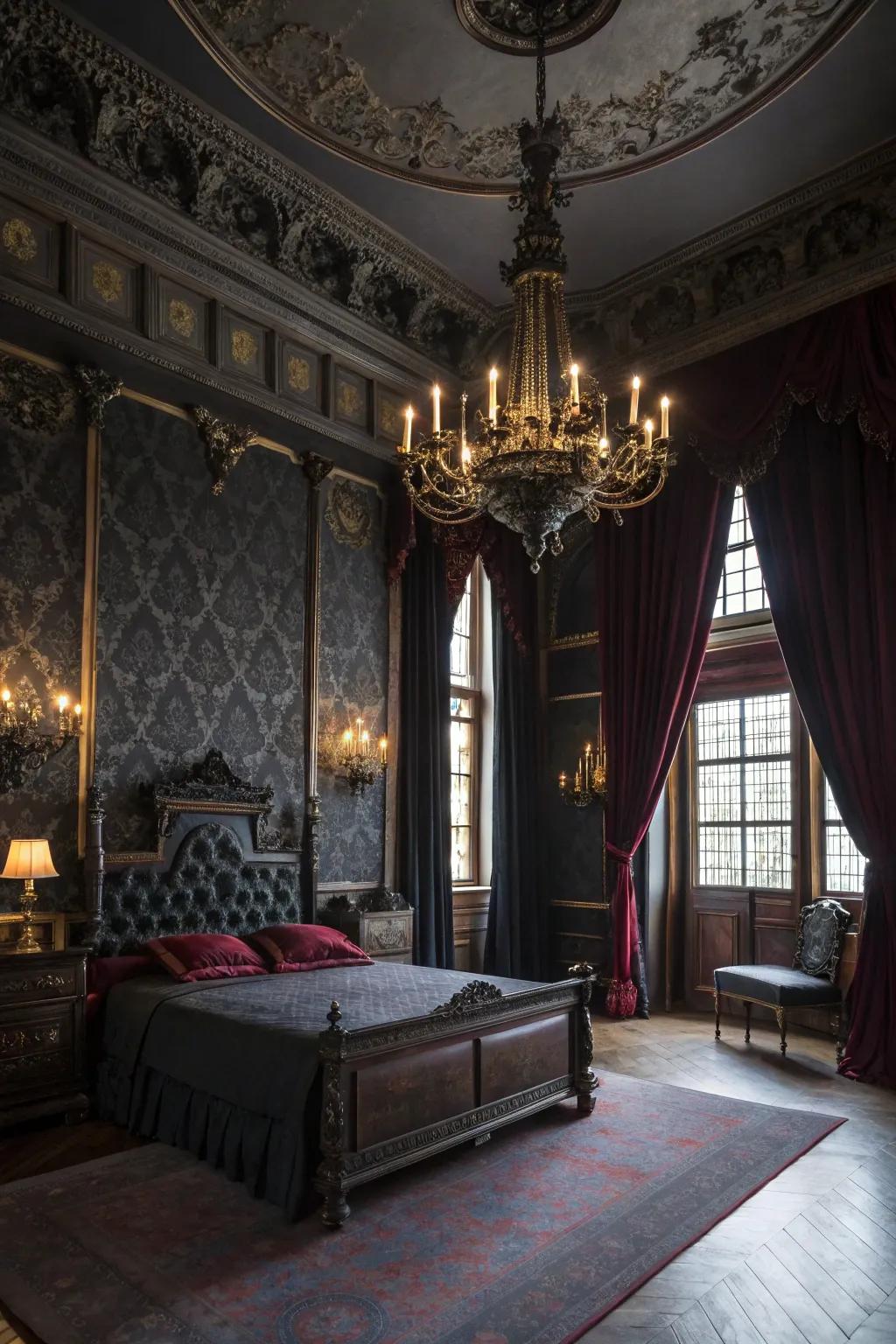 A gothic-inspired bedroom showcasing lavish materials and striking aspects.