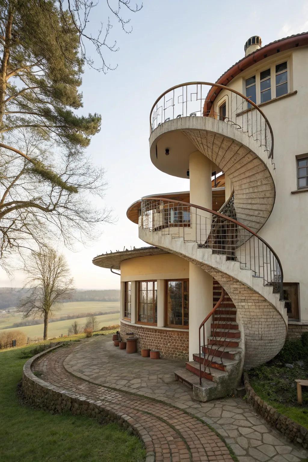 A spiraling home design stimulating discovery and motion.