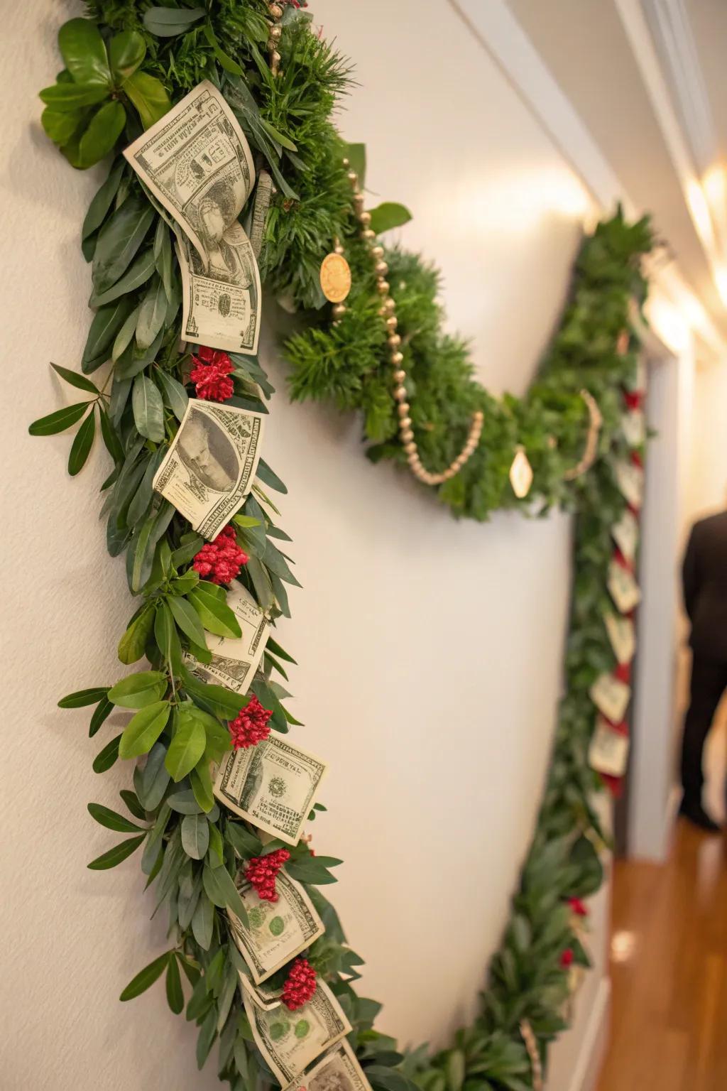 A festive currency garland suited for the holidays.