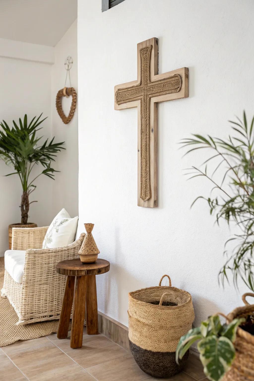 Minimalist crucifix wall art that showcases earthy tones.