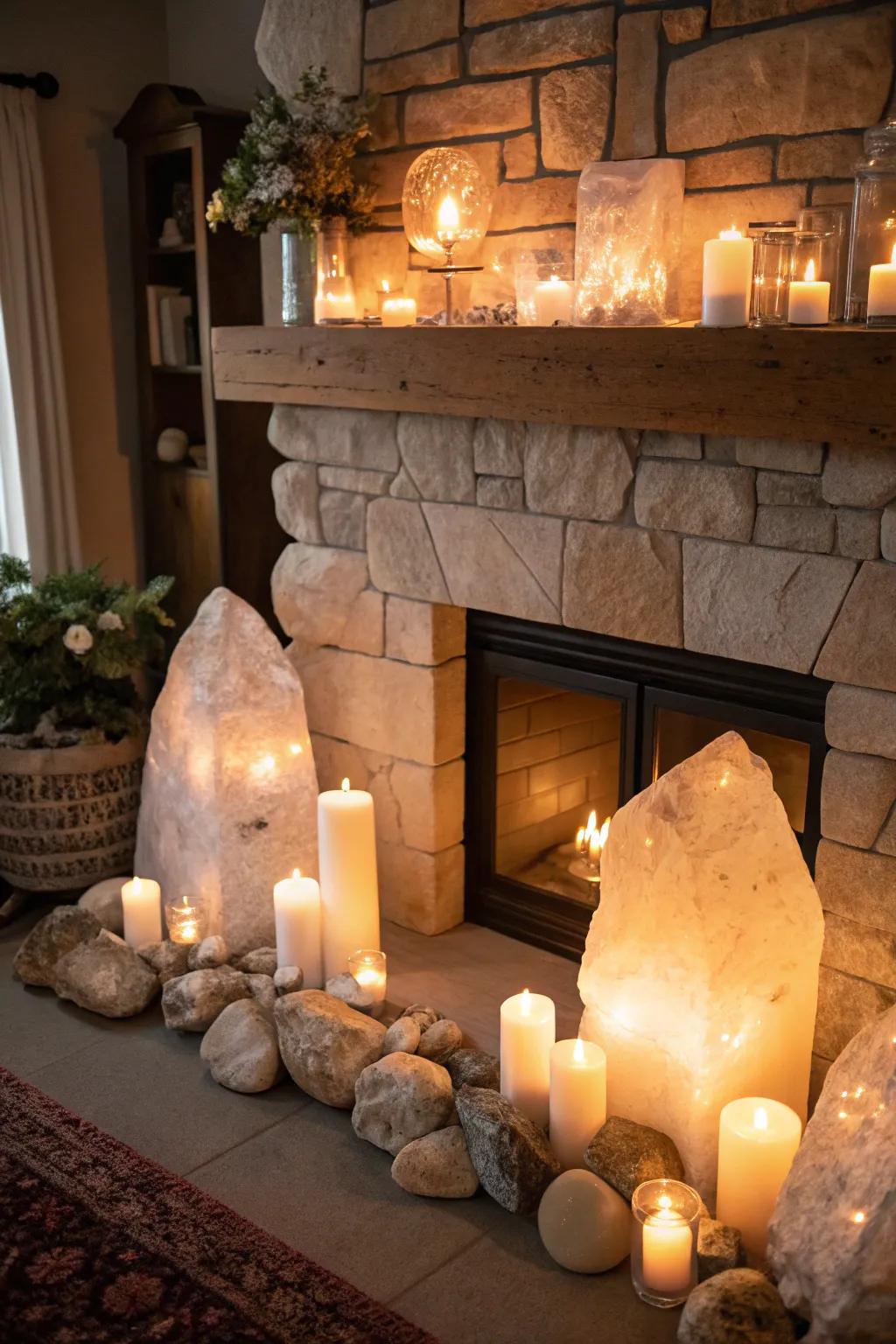 A fireplace transformed into a cozy gem sanctuary.