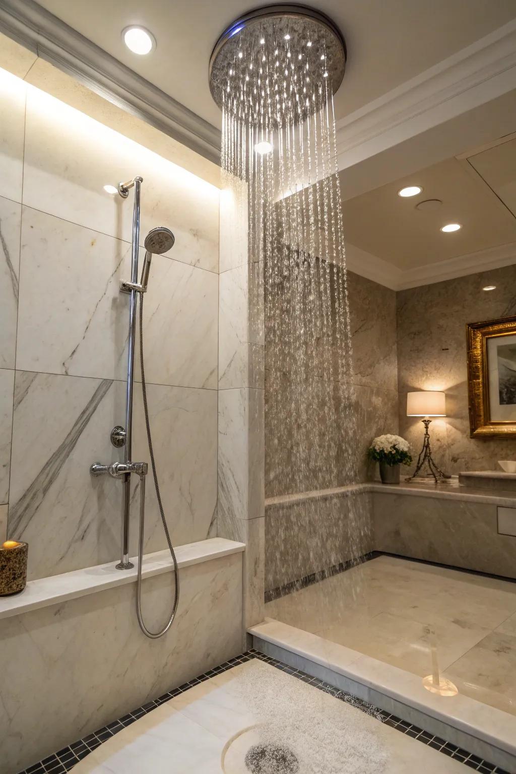 A rainfall showerhead complements the elegance of refined marble alternative showers.