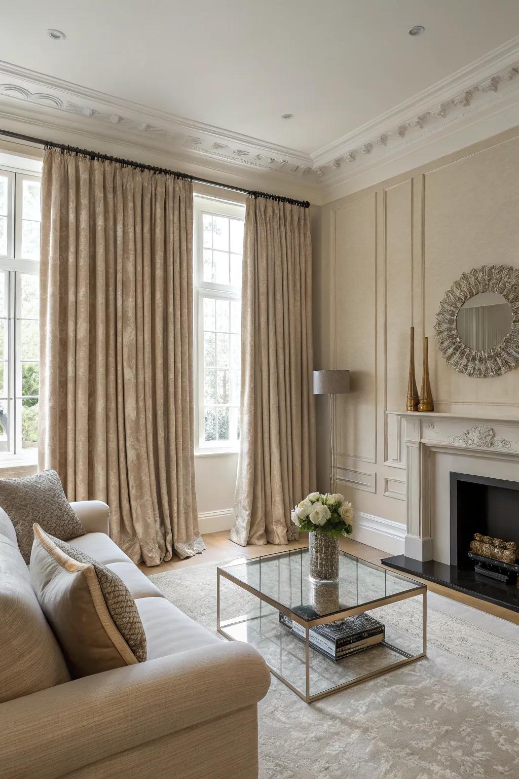 Similar-shade window coverings craft a harmonious and sophisticated space.