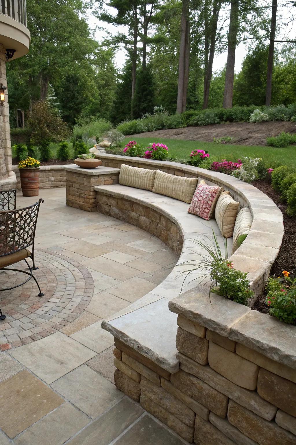 A patio featuring refined arched support frameworks that furnish structure and seating.