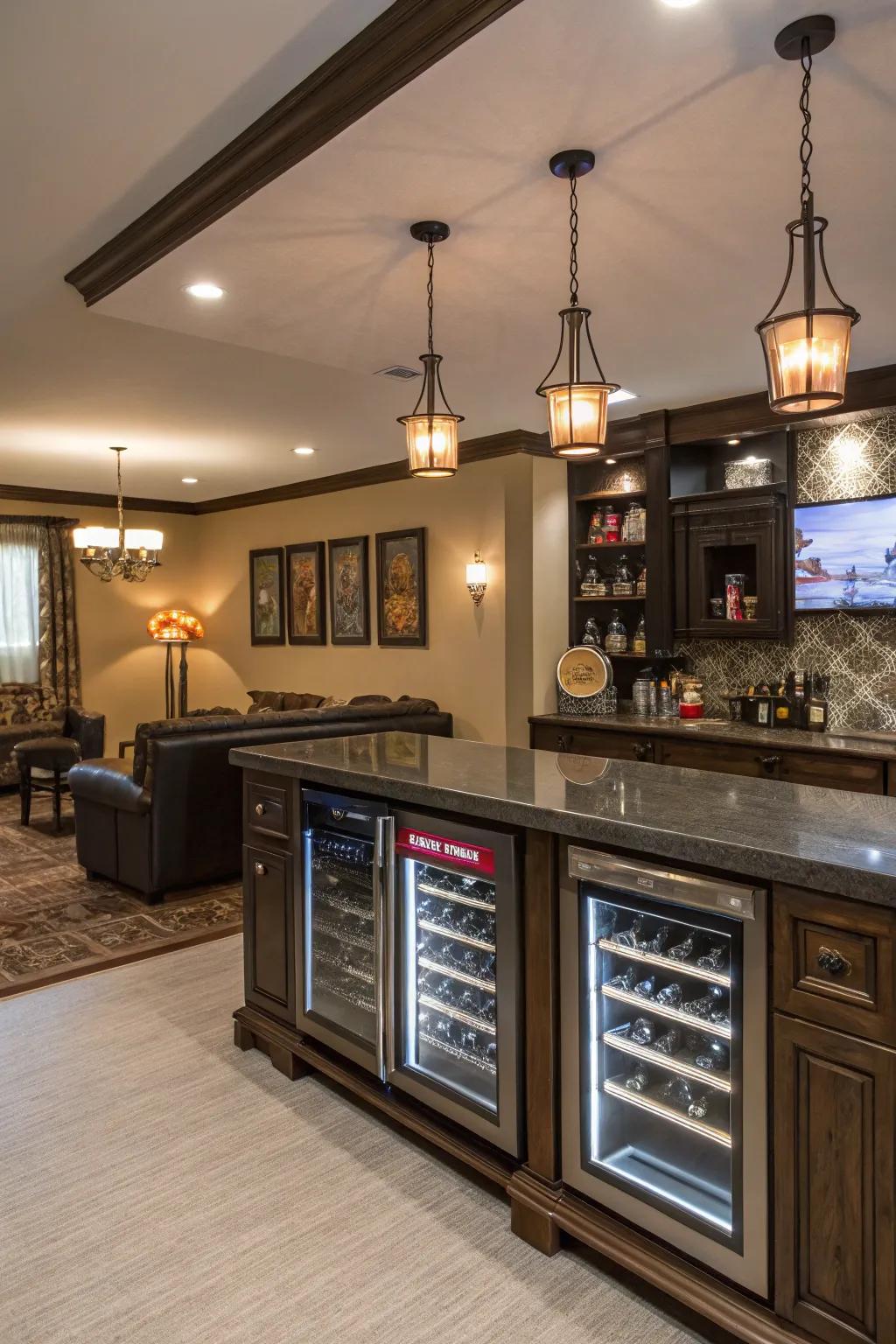 Distinct personalized aspects in a home bar create personalized charm.