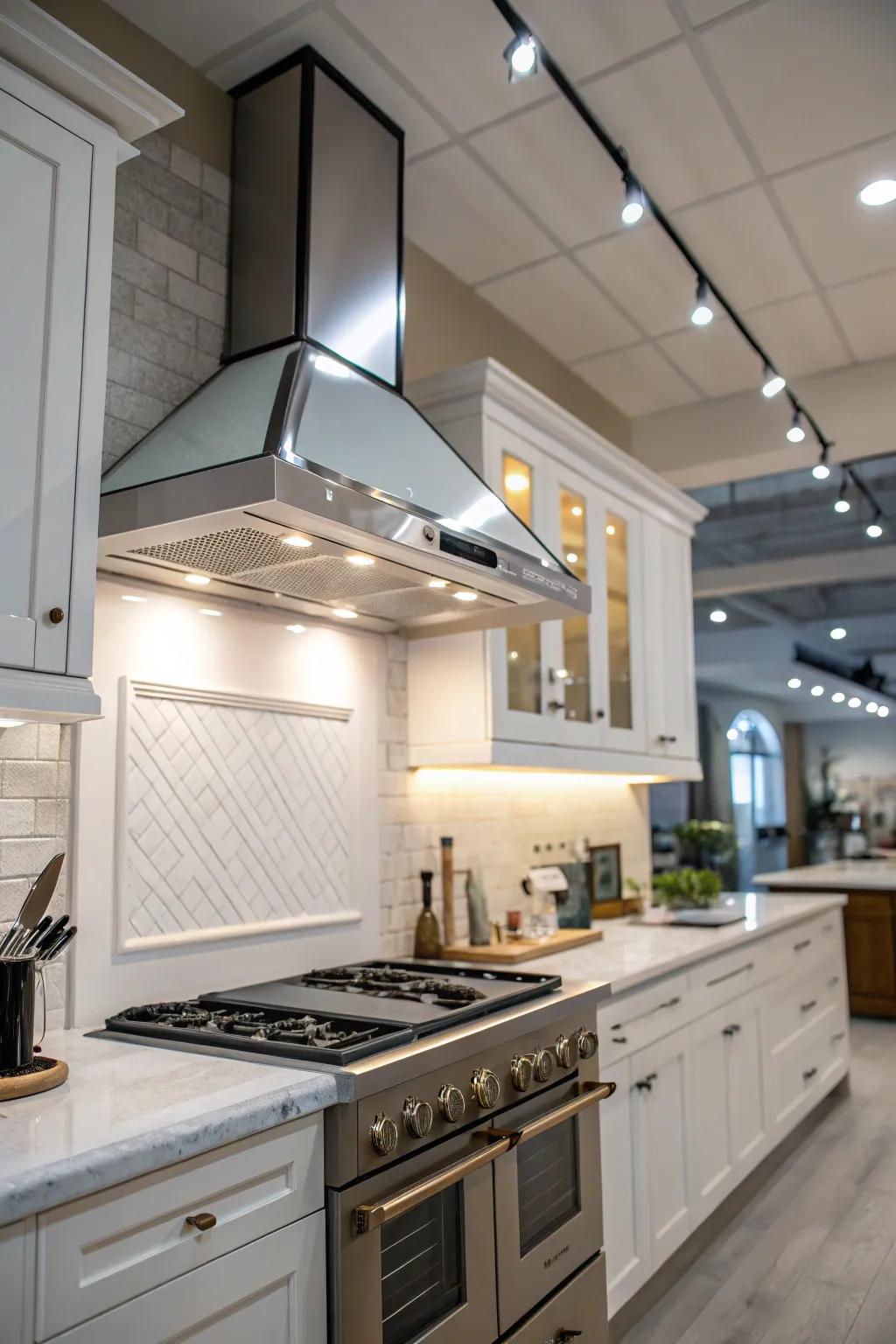 Integrated lighting in fume hoods enriches kitchen ambiance.