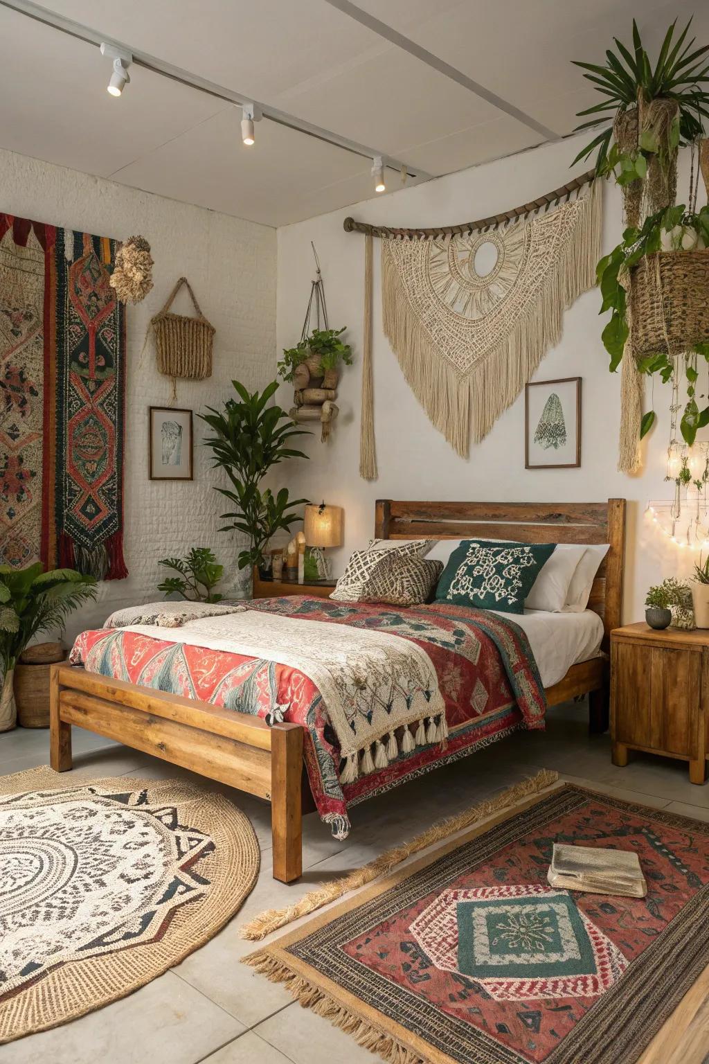 Bohemian-themed bedroom exhibiting eclectic charm.