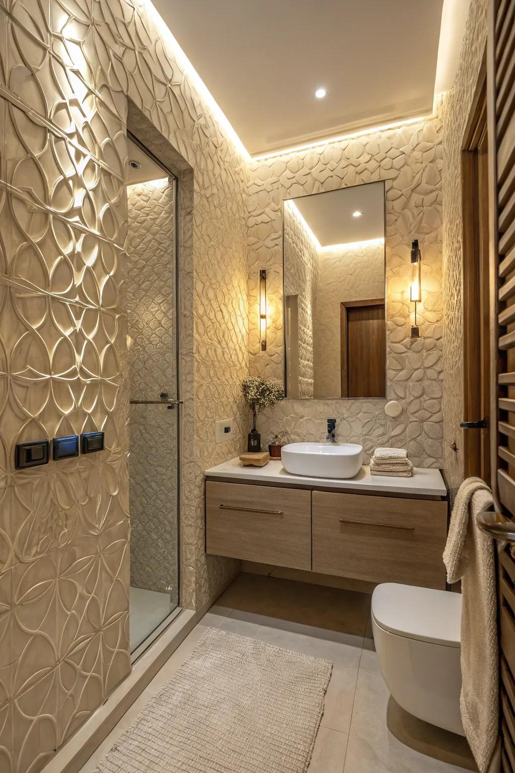 Textured walls enhance your restroom with depth and sophistication.