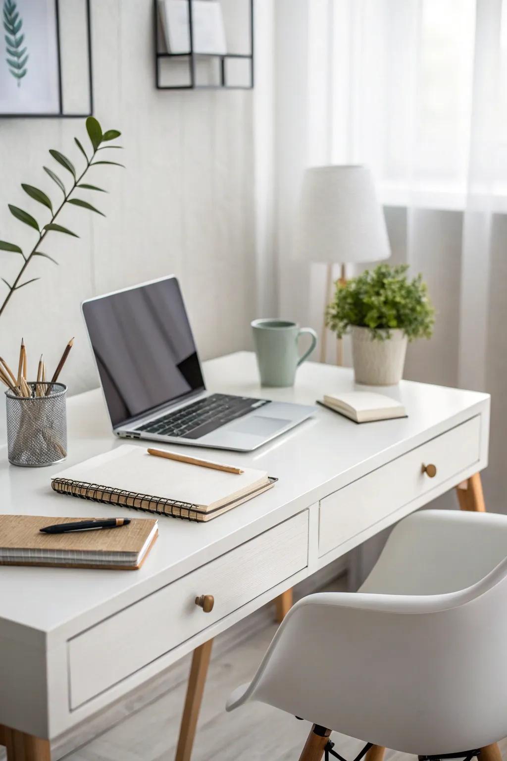 A minimalist desk with uncluttered designs creating a peaceful setting.