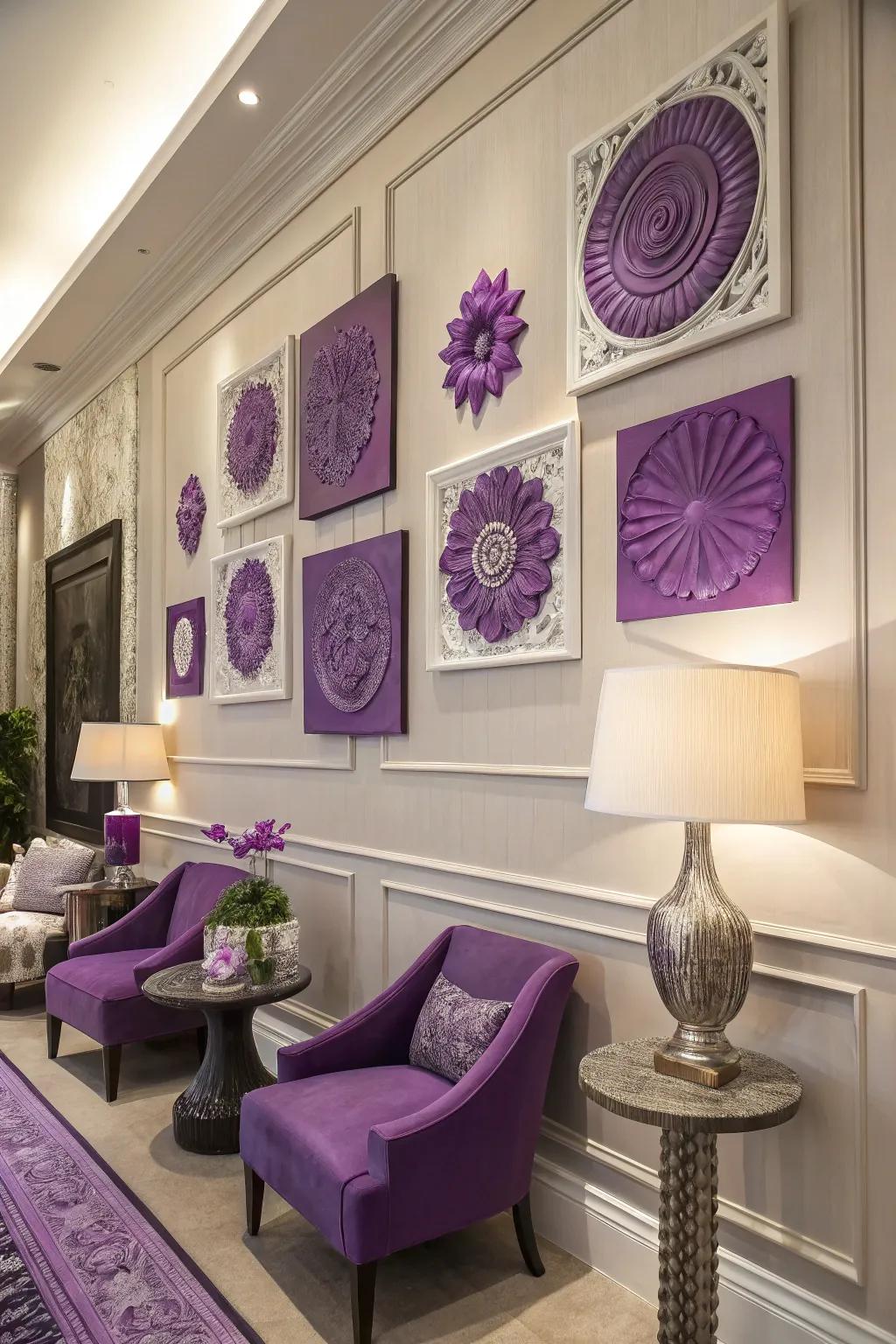 Violet art pieces adding character to the walls.