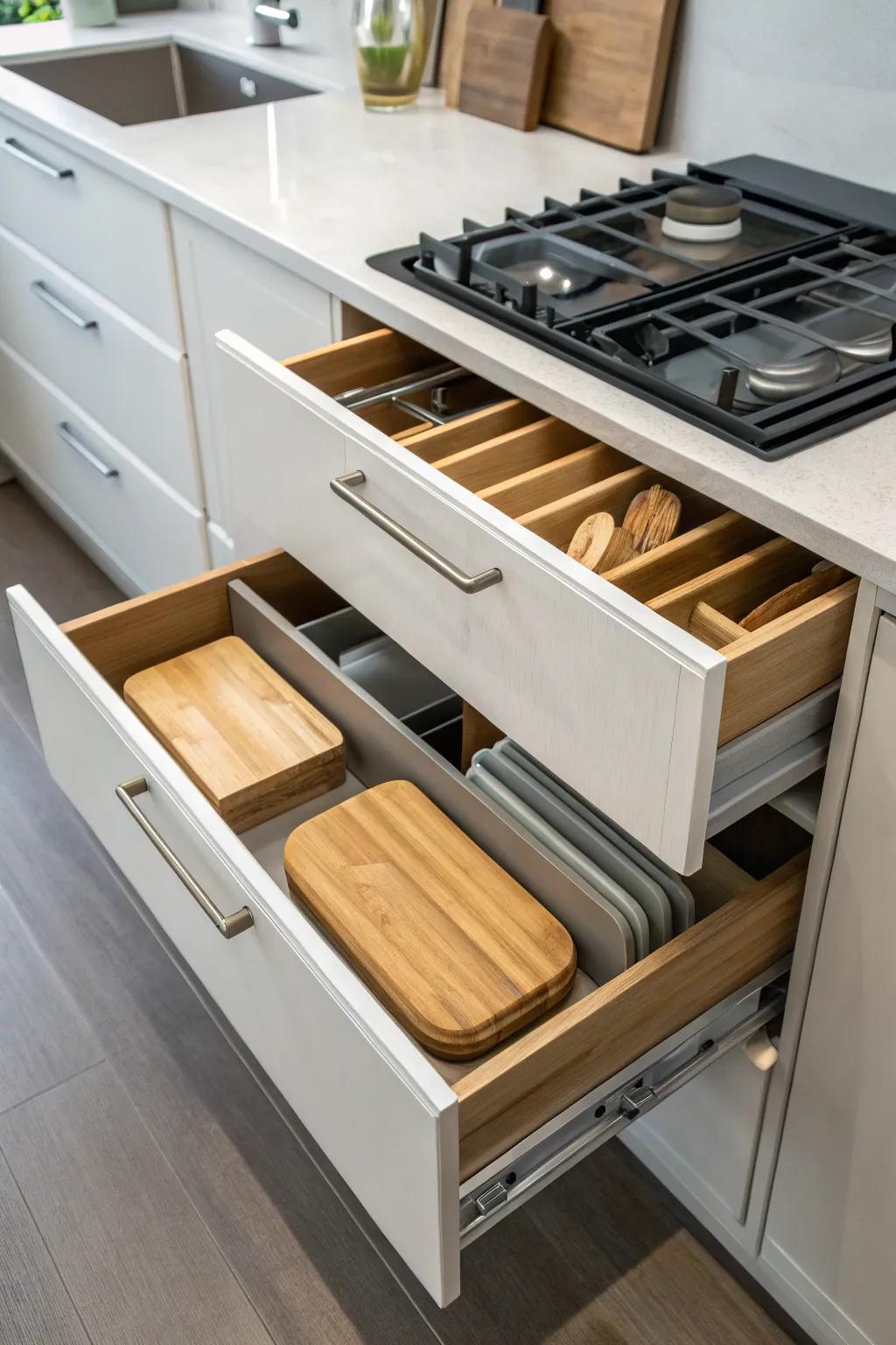 Drawer storage with dividers for chopping surfaces.
