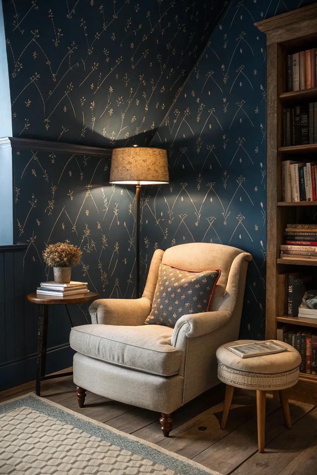 Dark blue hues create a moody, stylish ambiance.