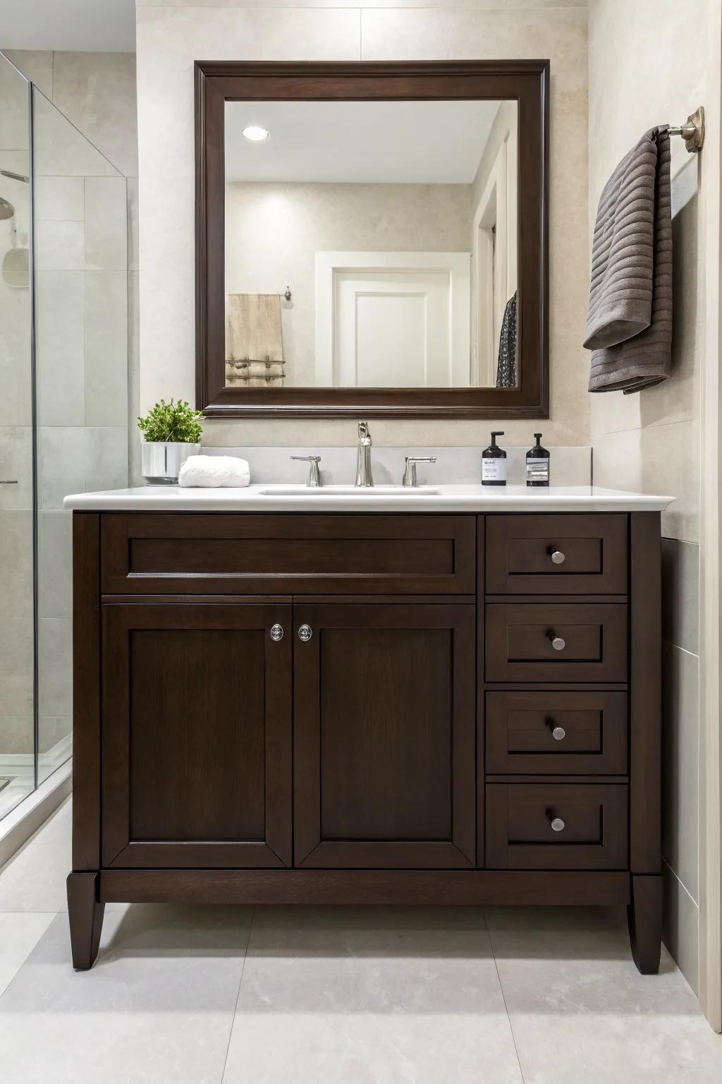 Understated decor lets a deep cocoa dressing table stand out.
