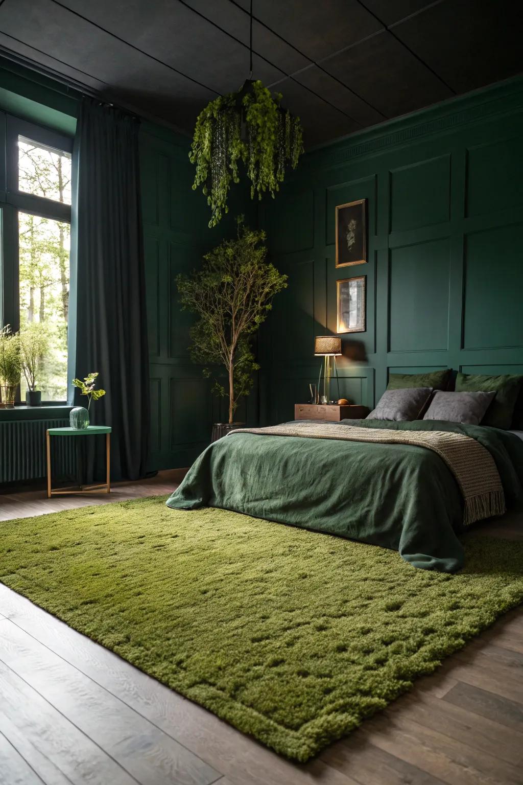 A shaded-green bedroom presenting a cozy mossy green floor covering.