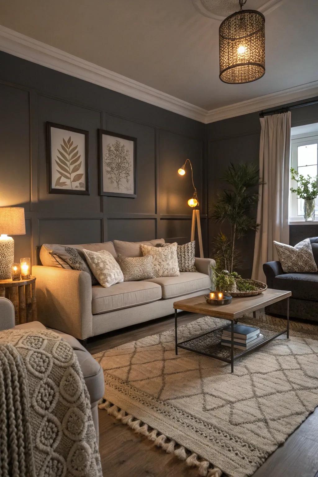 A cozy and balanced living room with deep charcoal elements.