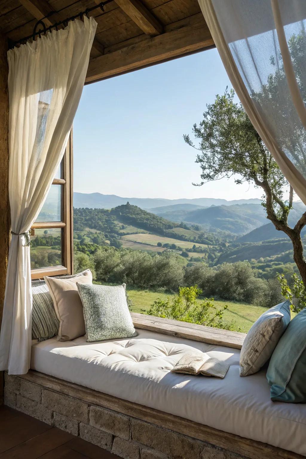 A daybed adapted into a window perch furnishes a tranquil corner from which to admire the scenery.