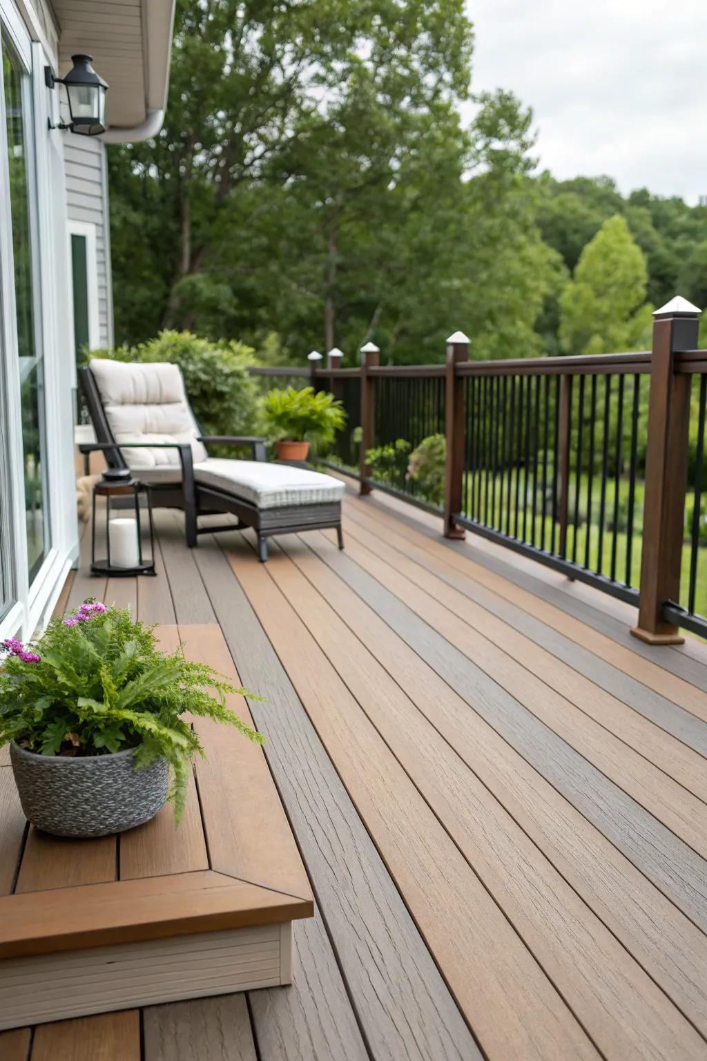 A deck highlighting a stylish combination of wood and composite elements.