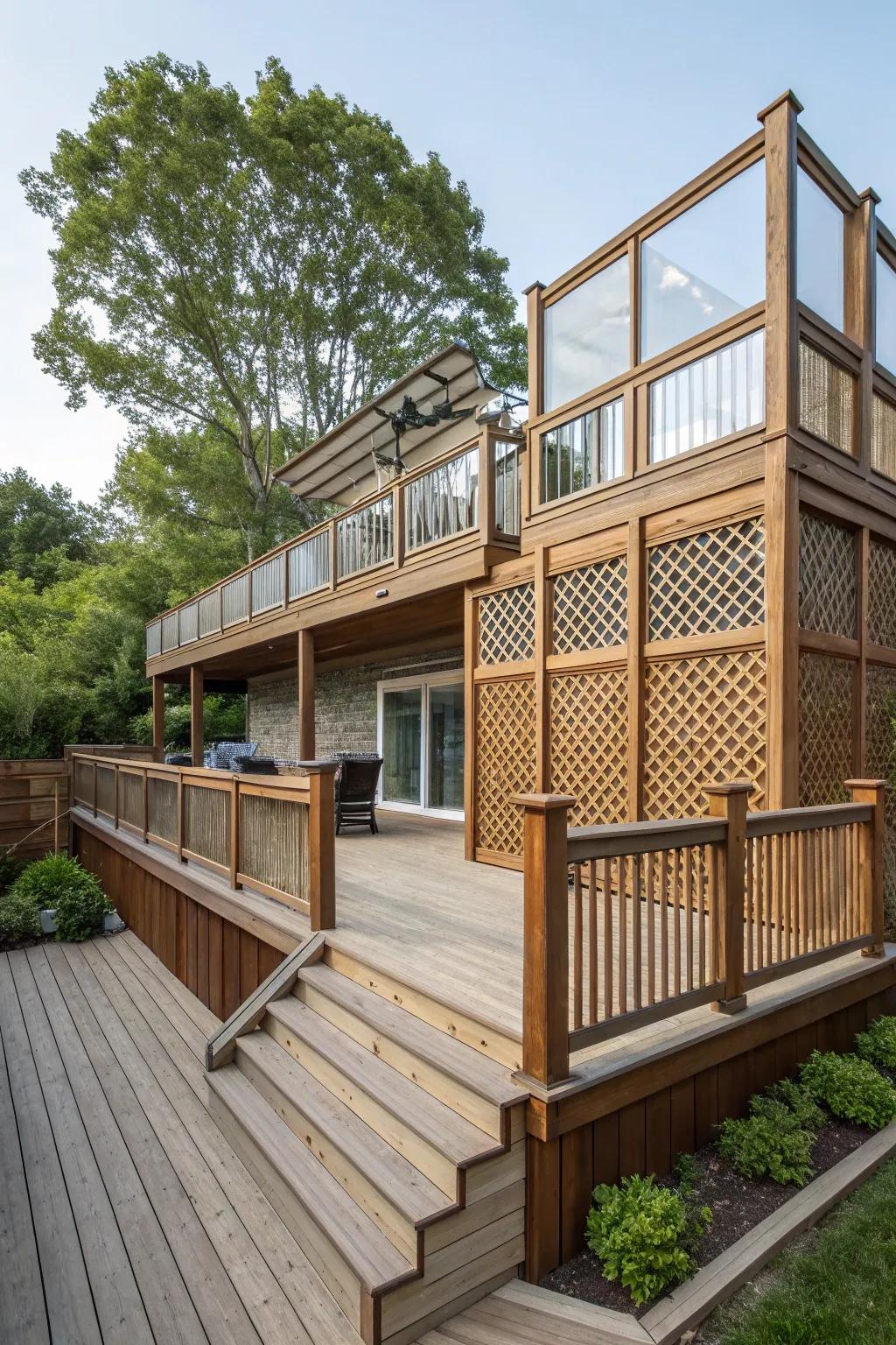 Multi-level design for distinct and private deck zones.