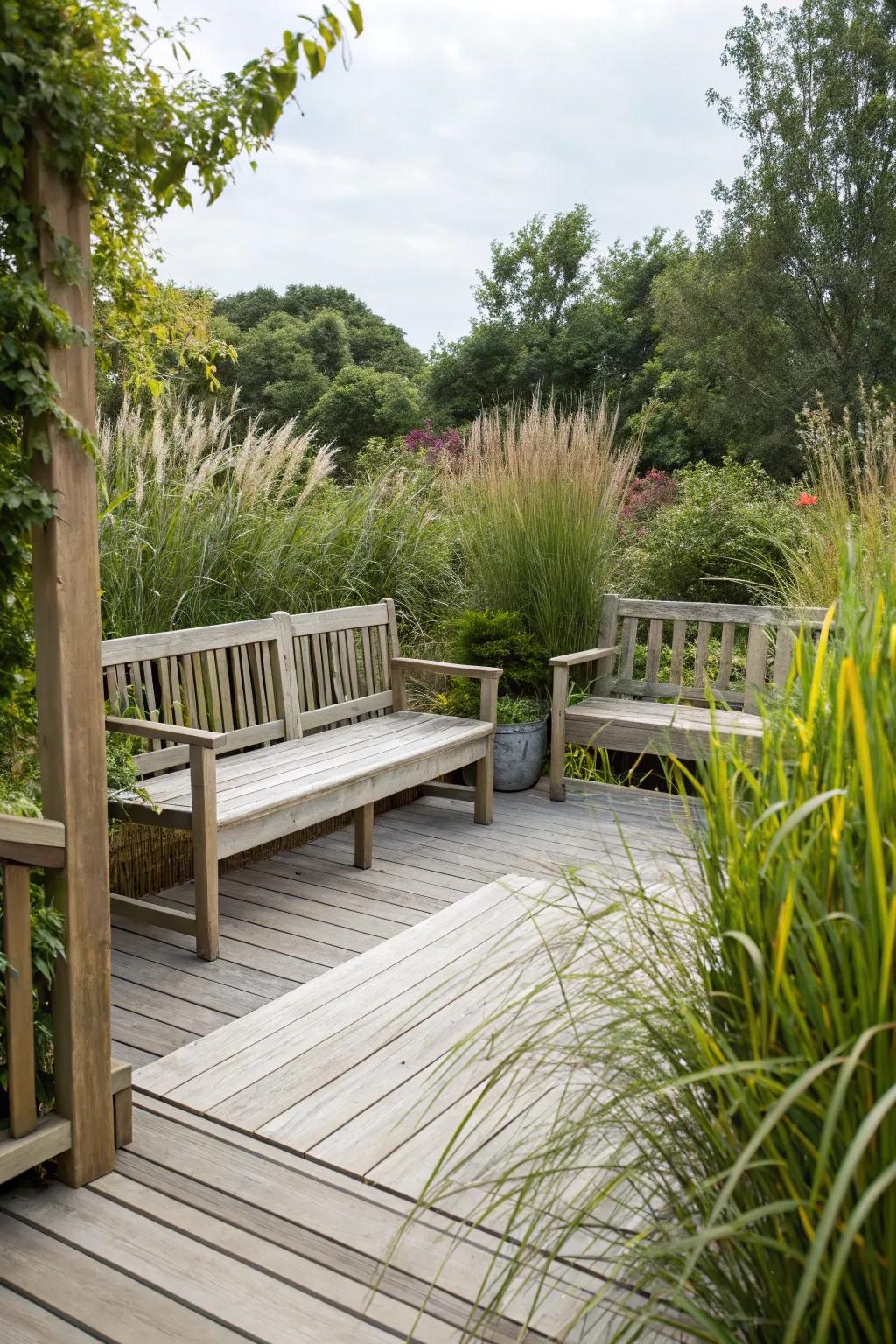 High-backed benches provide privacy and a cozy atmosphere.