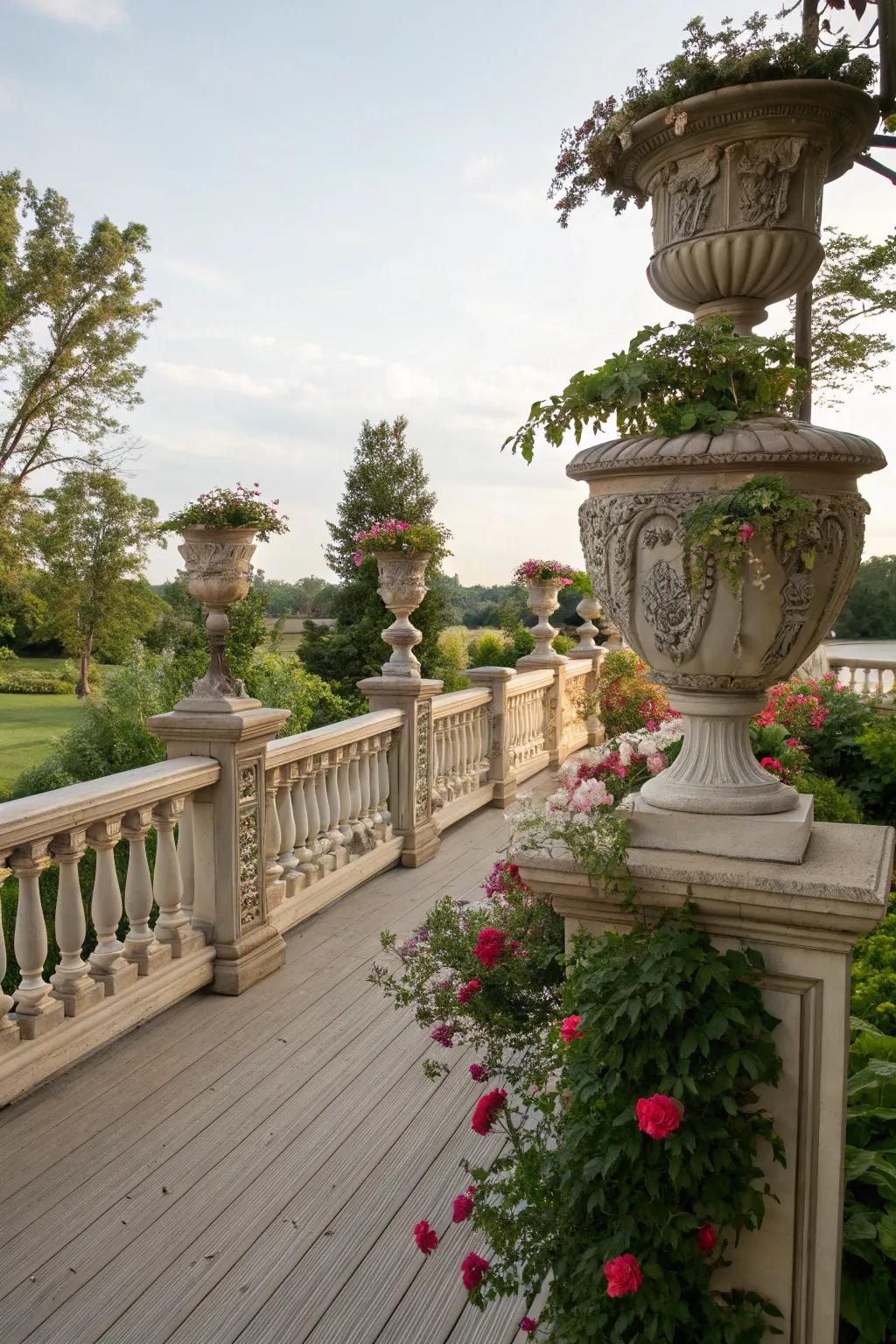 A charming deck with classic-style balustrades, adding timeless elegance.