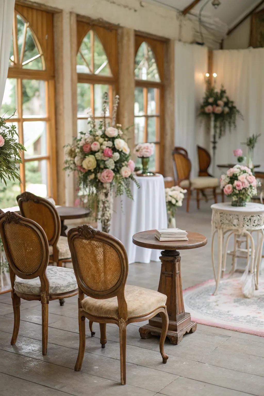 Charming vintage decor introducing uniqueness to a wedding venue.