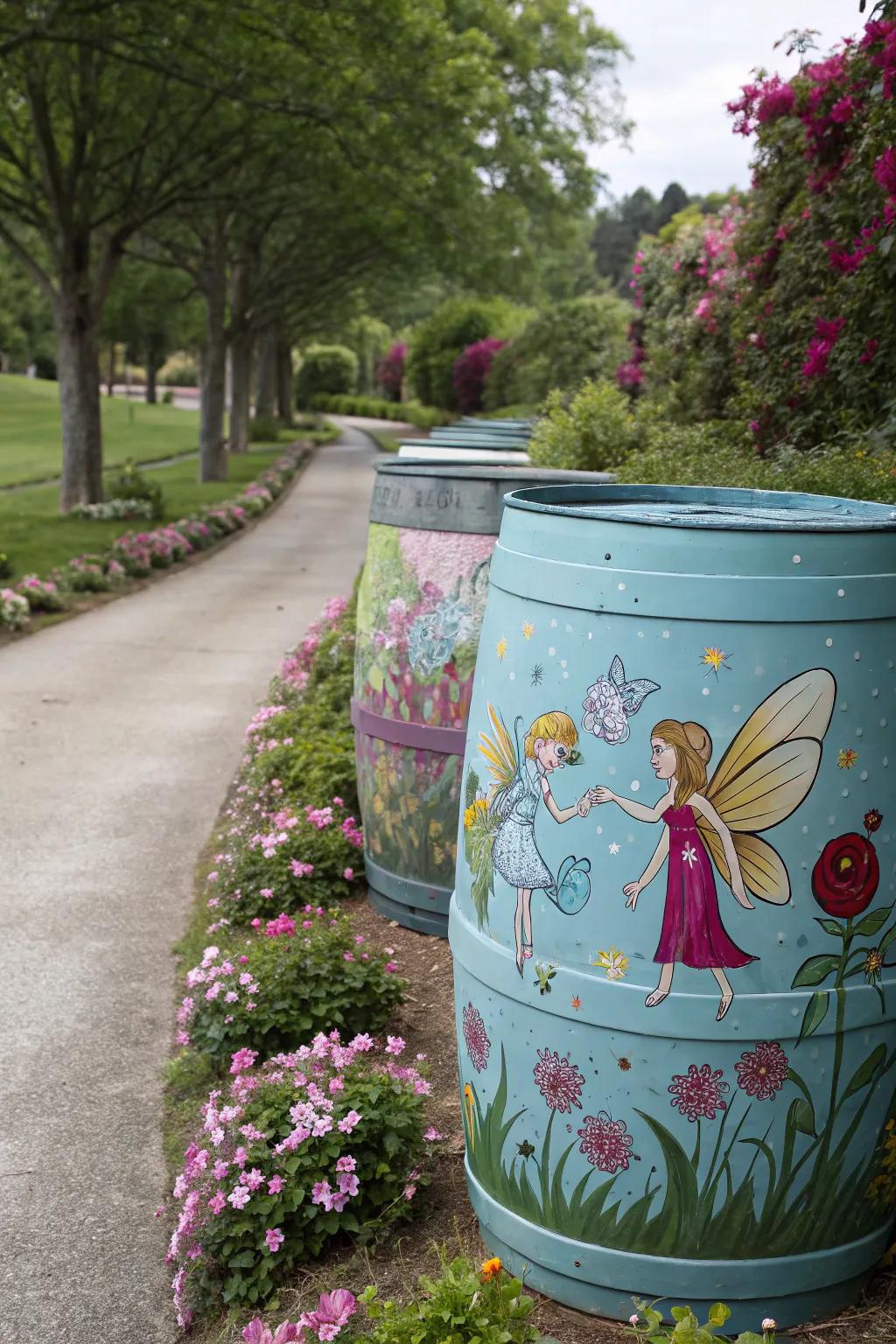 Barrels painted with fairytale-themed designs