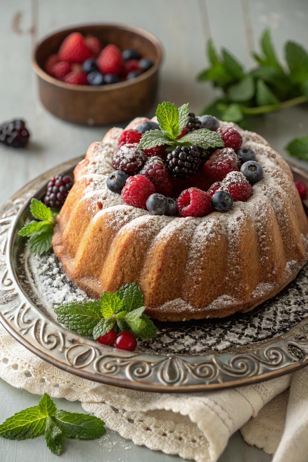 A ring cake featuring a vibrant, produce-laden core.