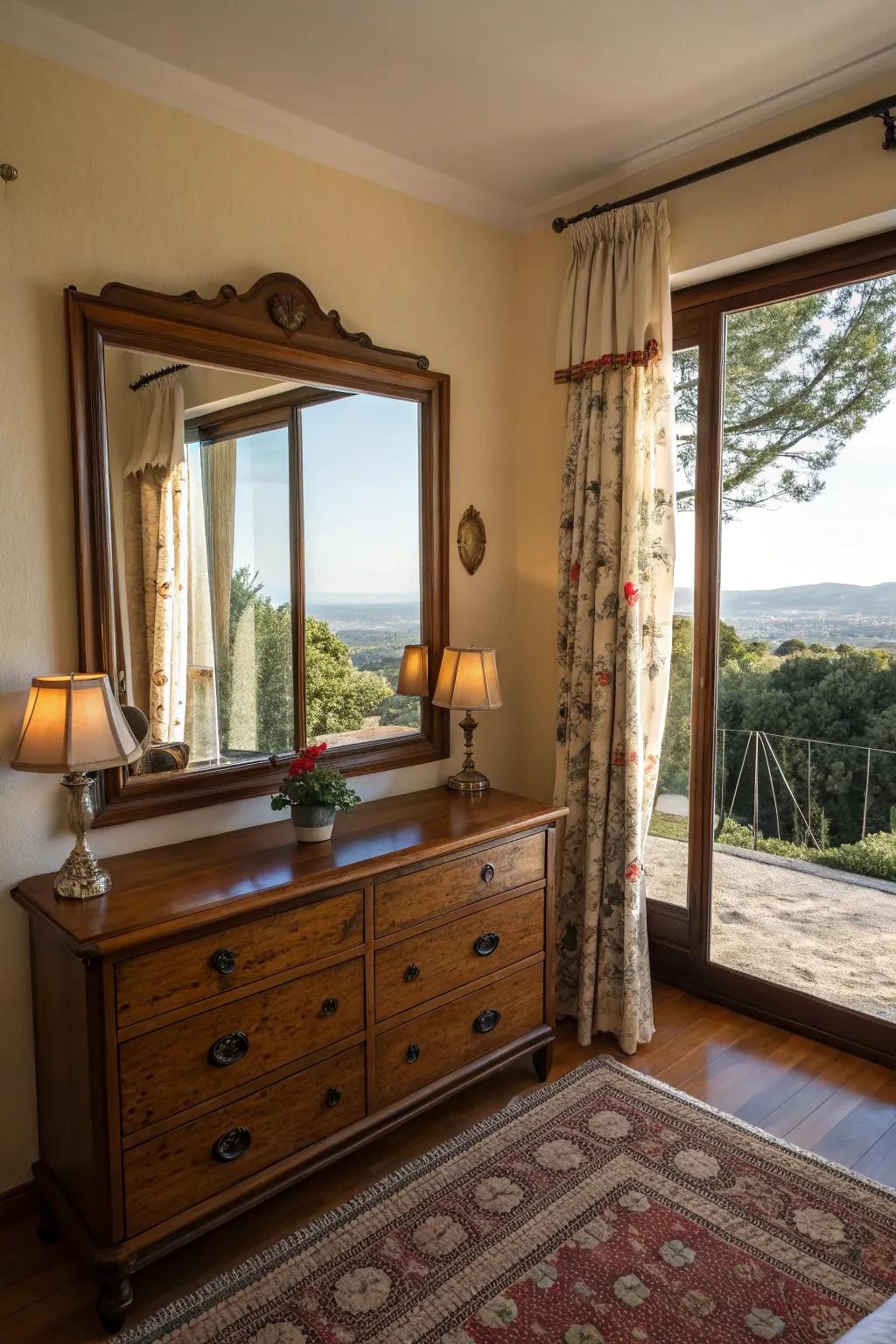 Mirrors replicating scenic panoramas introduce exterior beauty indoors.