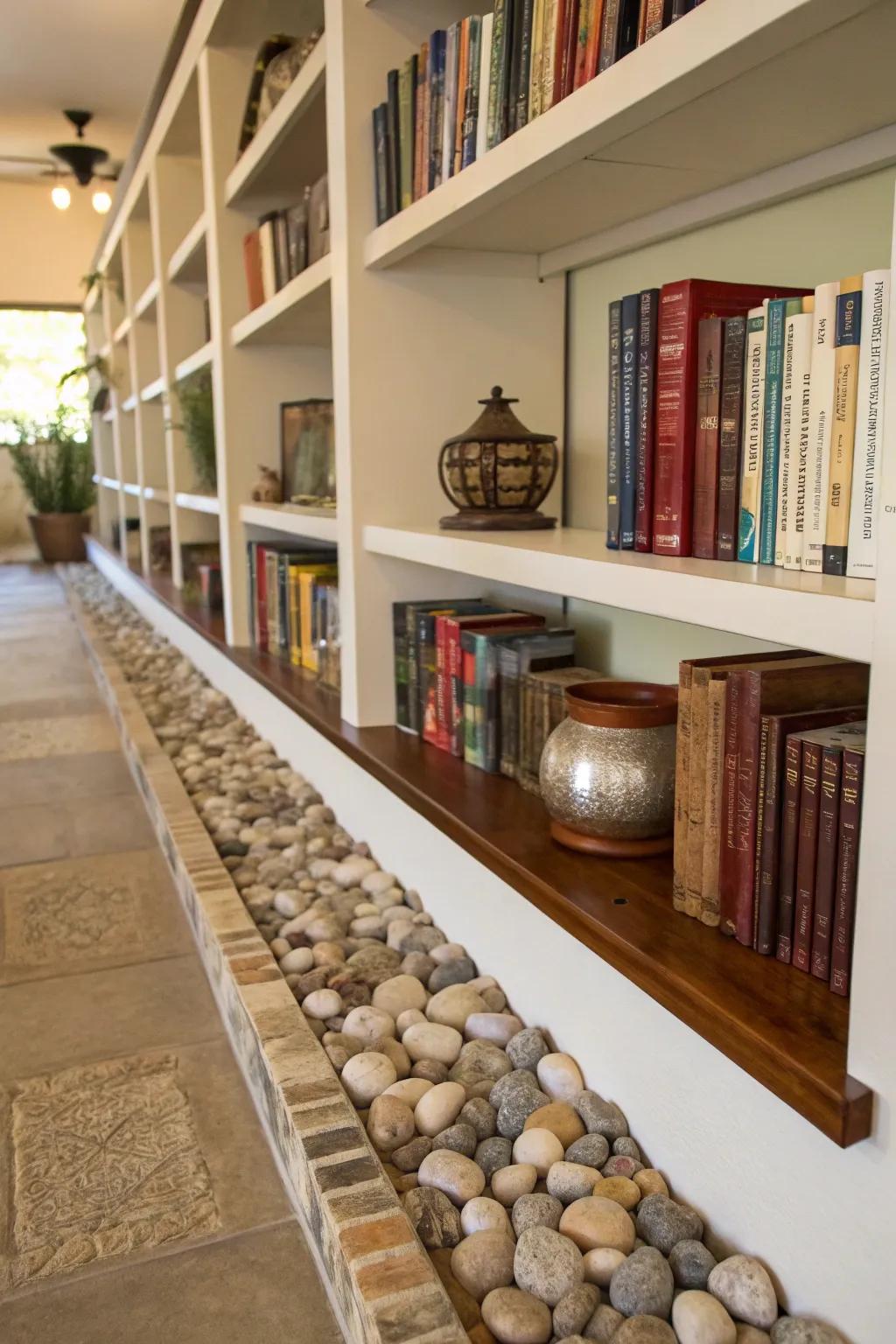 Append an organic nuance to your bookcases through a delineation of stones.