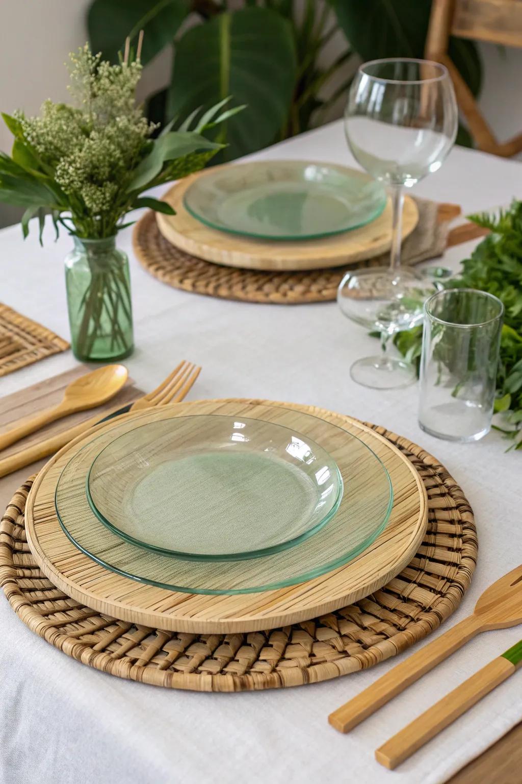 Eco-friendly charger plates fashioned from bamboo and upcycled glass.