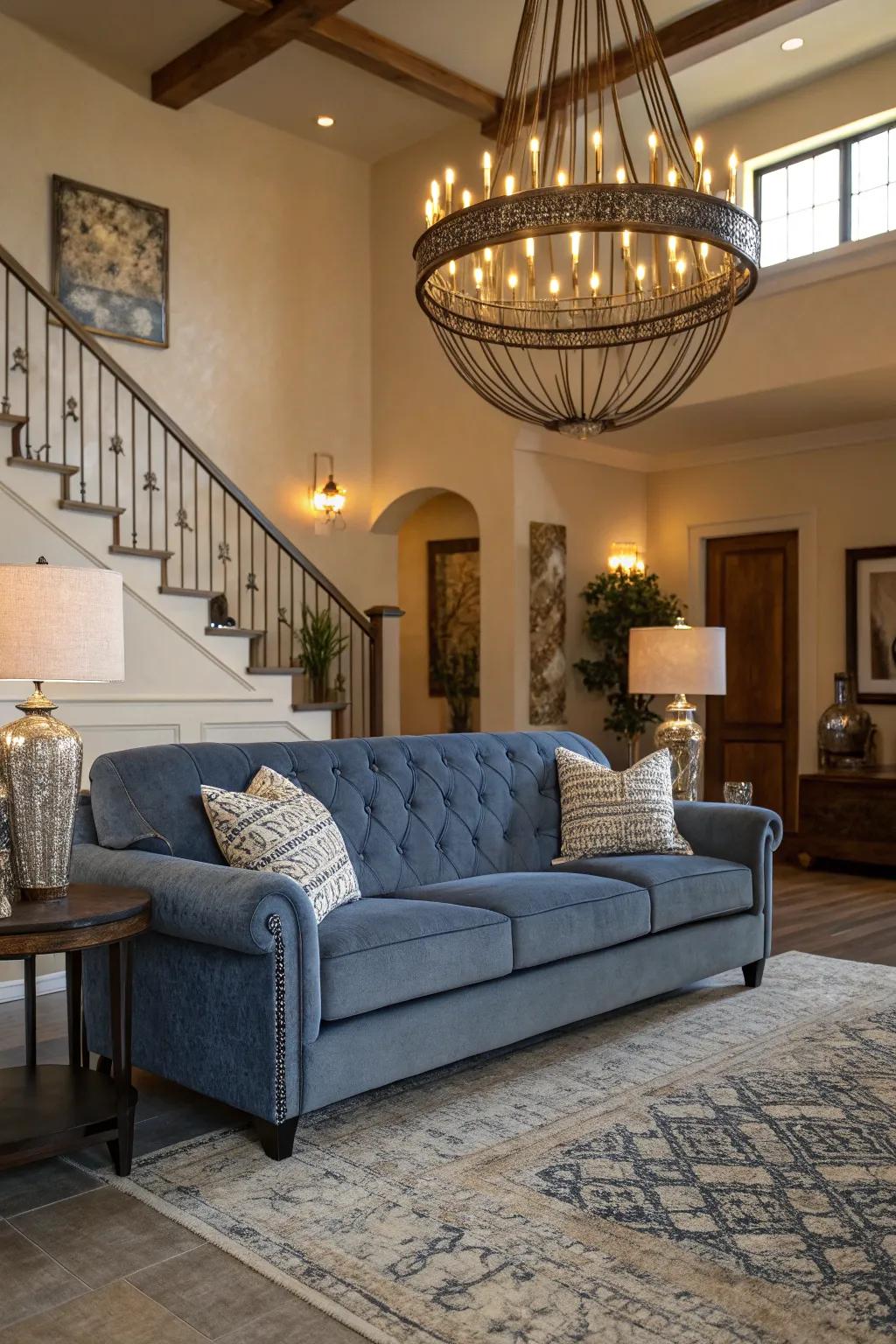 Striking lighting complements the horizon hue couch stylishly.