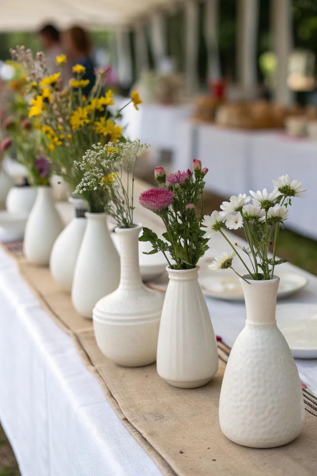 Chalky porcelain pots offer a modern nuance to centerpieces.