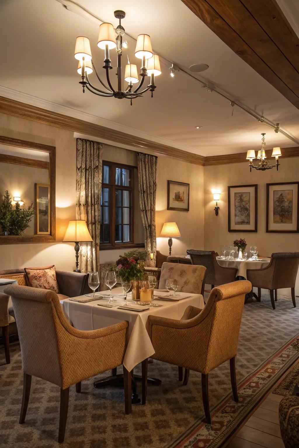 Soft lighting and cozy seating create a warm and inviting dining experience.