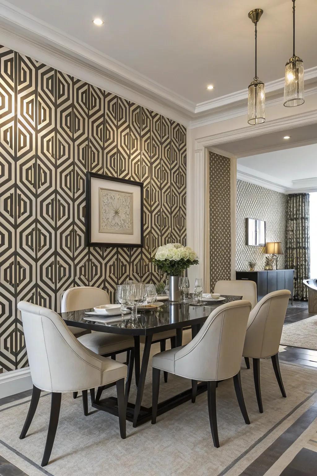 Symmetrical wall covering contributes a modern-day edge to this modern-day dining area.