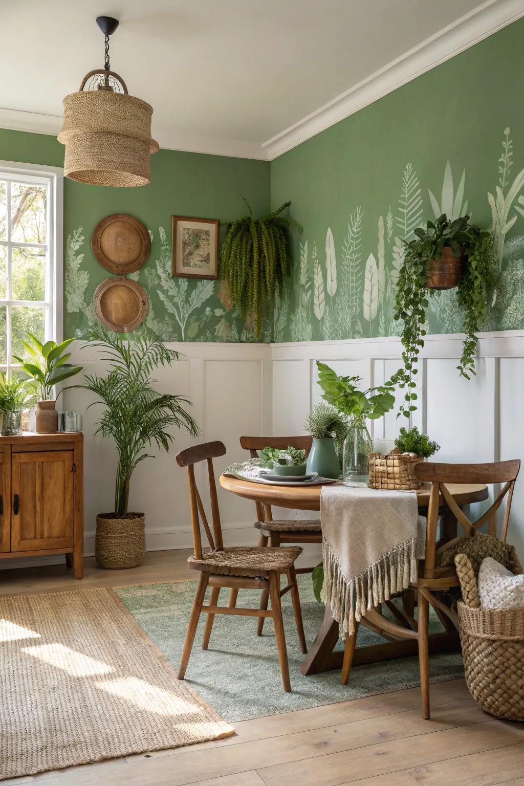 Nature-inspired verdant shades foster relaxation within the dining space.