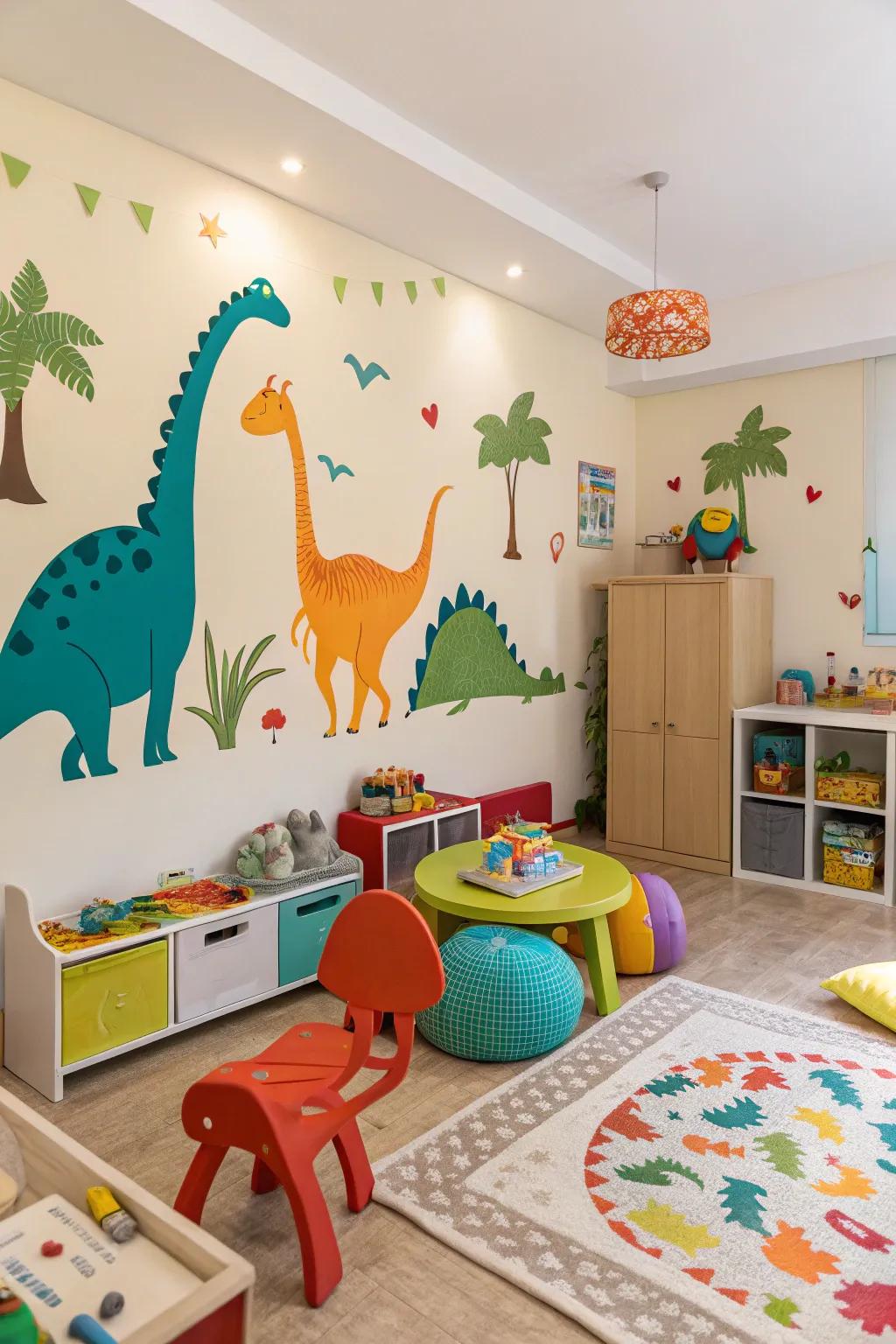 Dino wall graphics that energize the prehistoric theme.