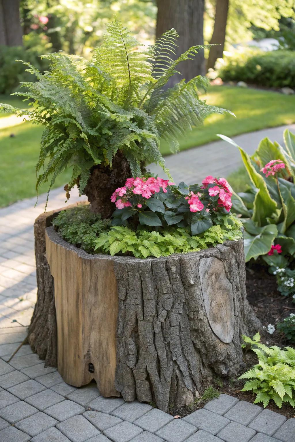 Transform a tree stump into a stunning garden centerpiece with lush ferns and begonias.