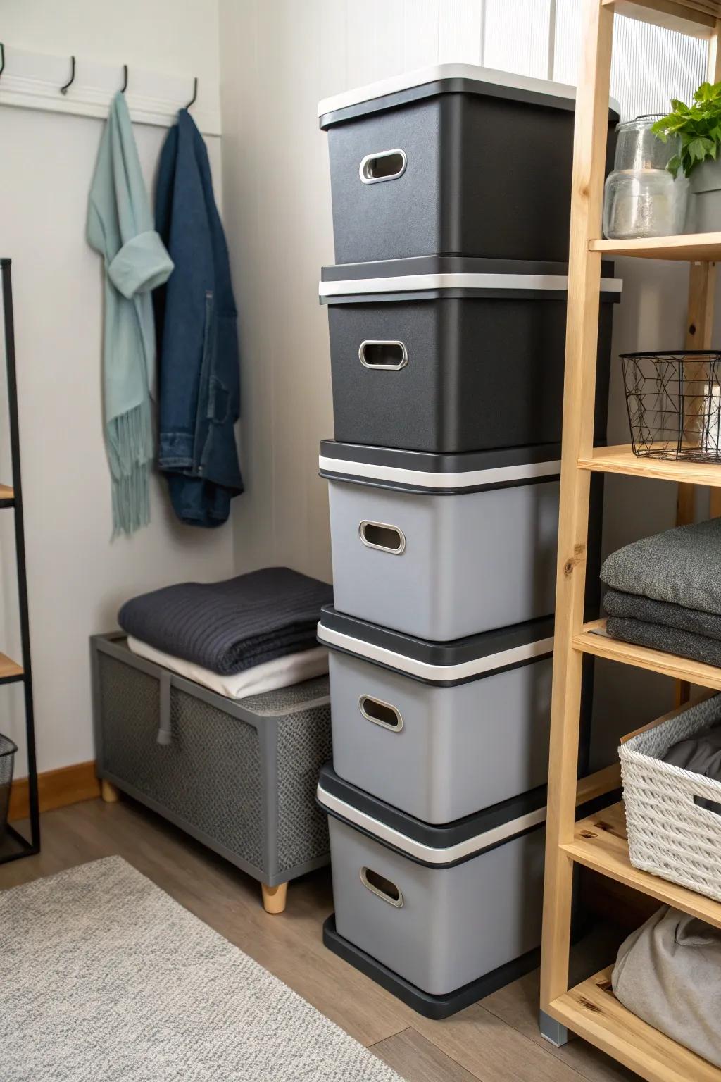 Stackable storage bins maximize vertical area in compact living spaces.