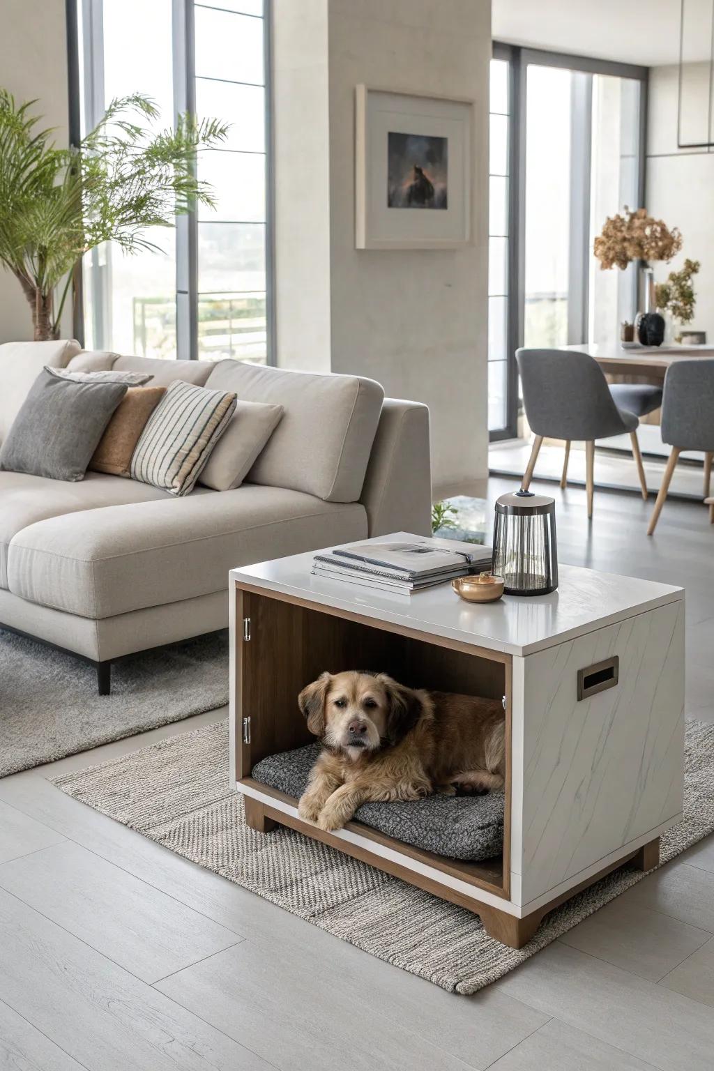 A modern living room with furniture featuring an incorporated dog cubby for design and convenience.