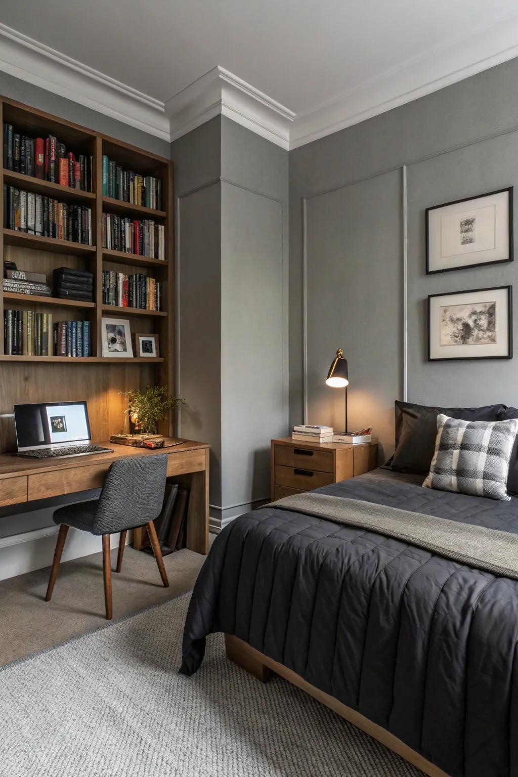 A refined dorm room color scheme that incorporates dark and neutral shades.