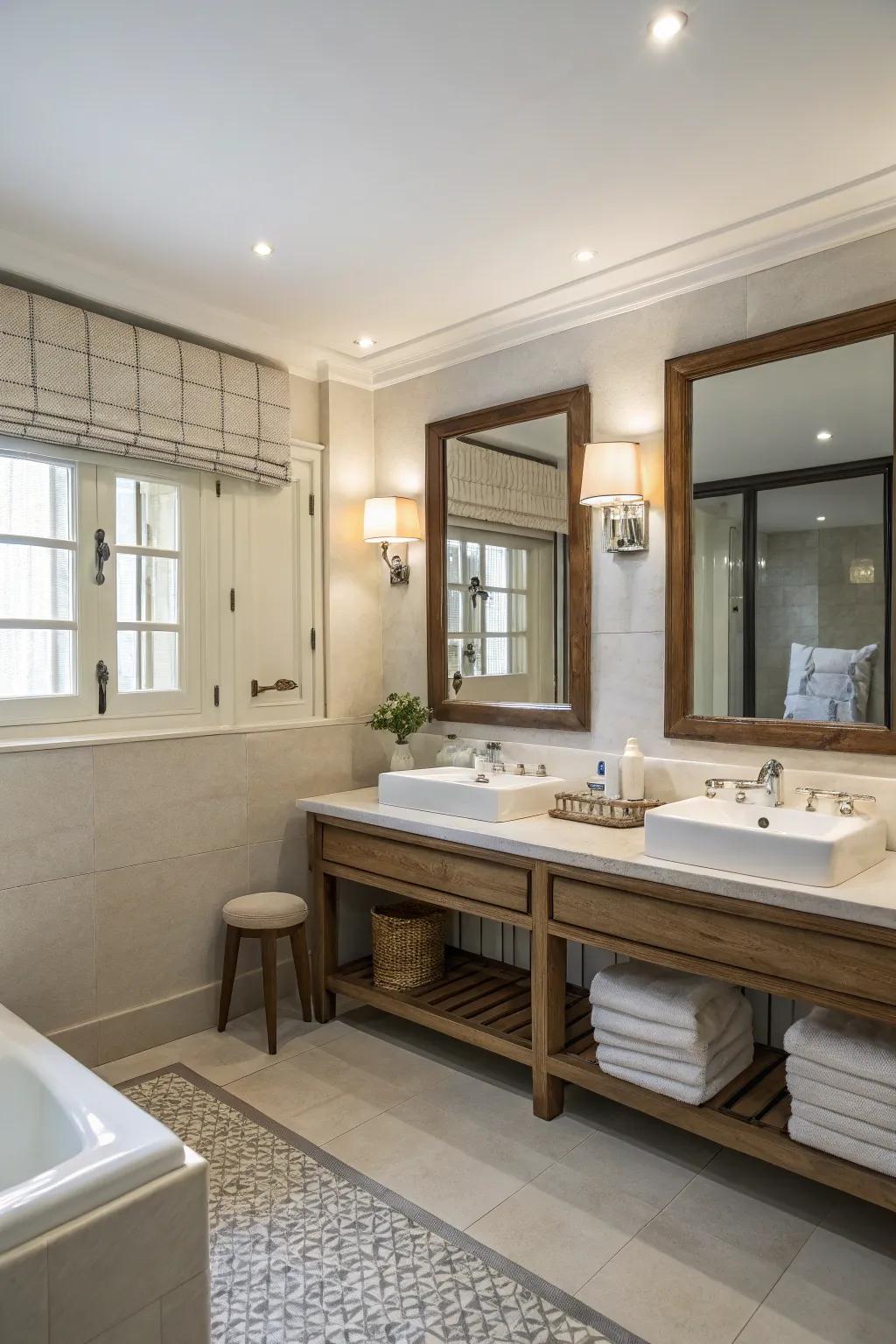 A seating area brings comfort and utility to this bathroom with double sinks.