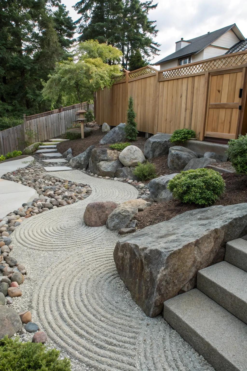 Peaceful stone displays offer tranquility and elegance to sloped landscapes.