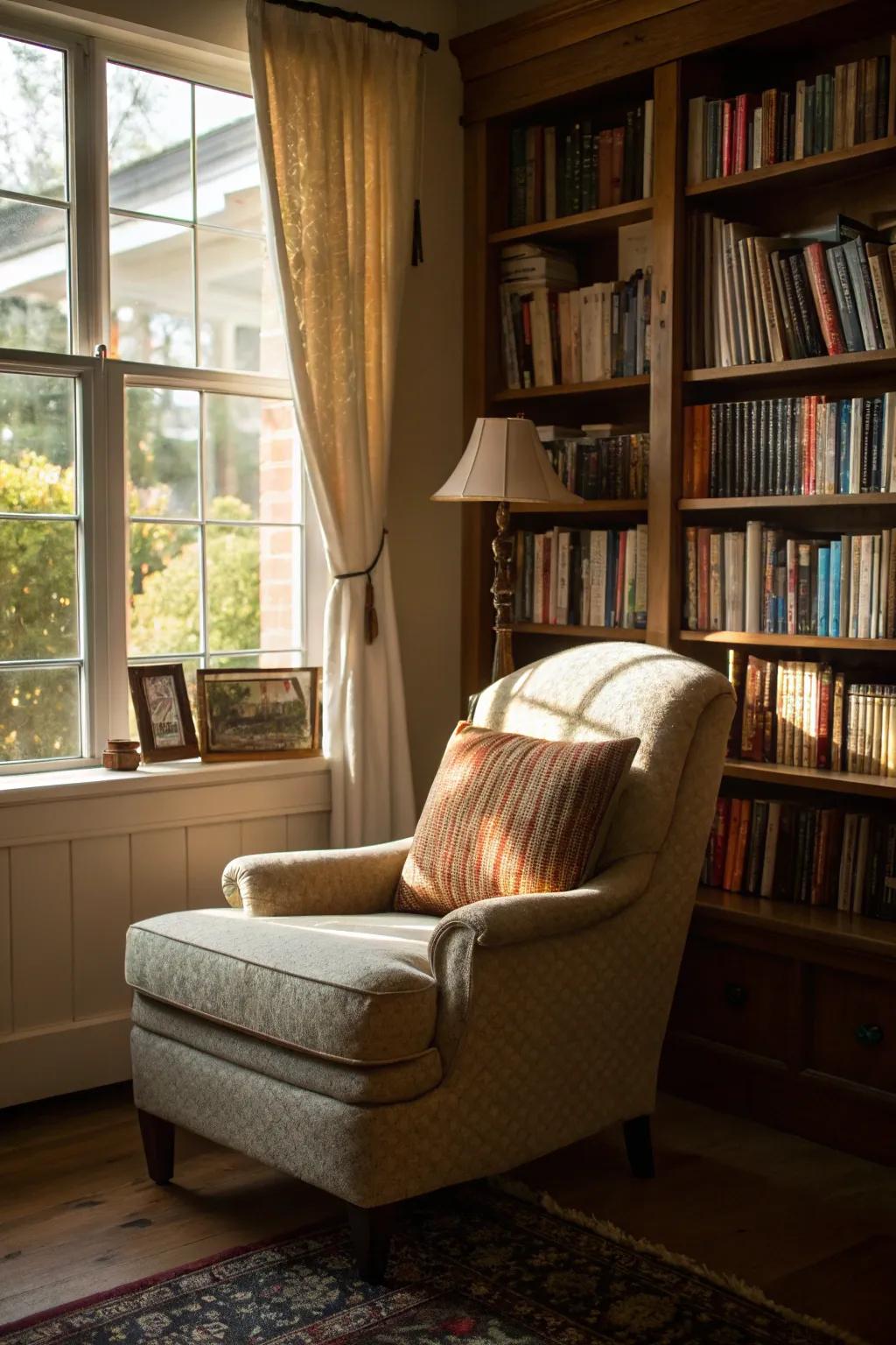 A comfortable reading corner featuring a comfortable chair and bookshelves.