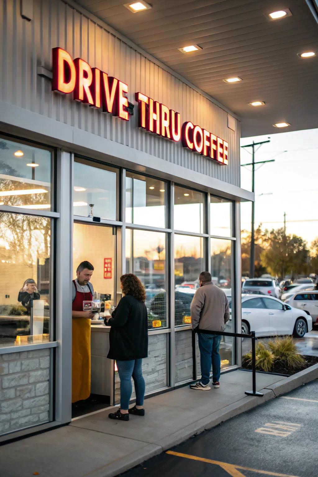 Drive-thru coffee shop with an inviting entryway that establishes a hospitable mood.